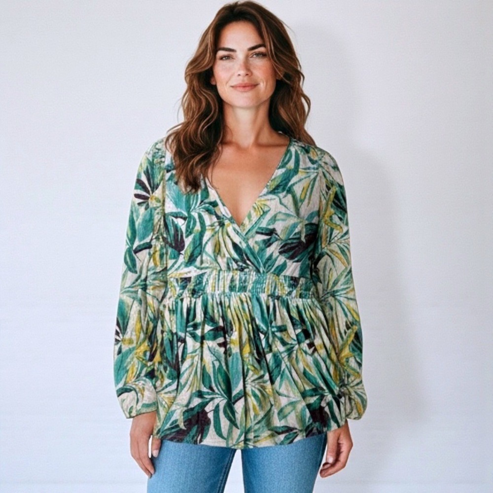 Torrid Green Tropical Palm Print Smocked Waist Babydoll Top 0 L XL NEW
